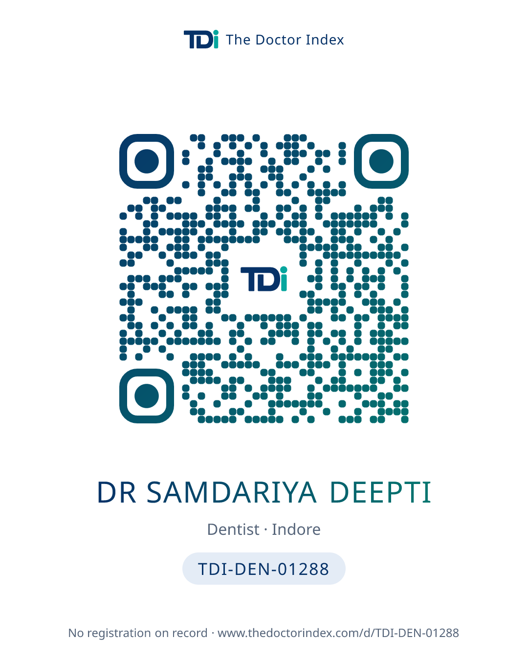 QR card for Dr Samdariya Deepti, TDI-DEN-01288