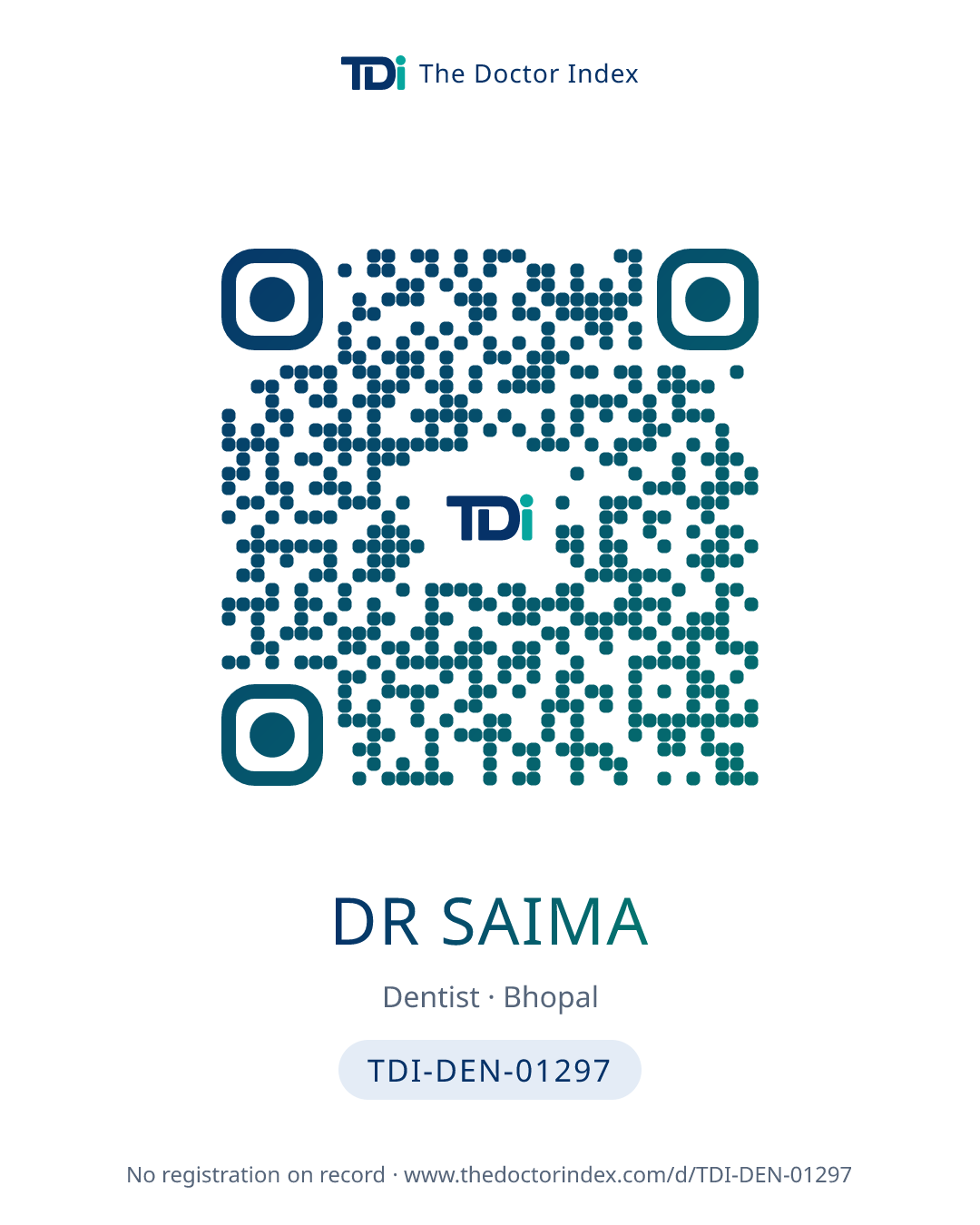 QR card for Dr Saima, TDI-DEN-01297