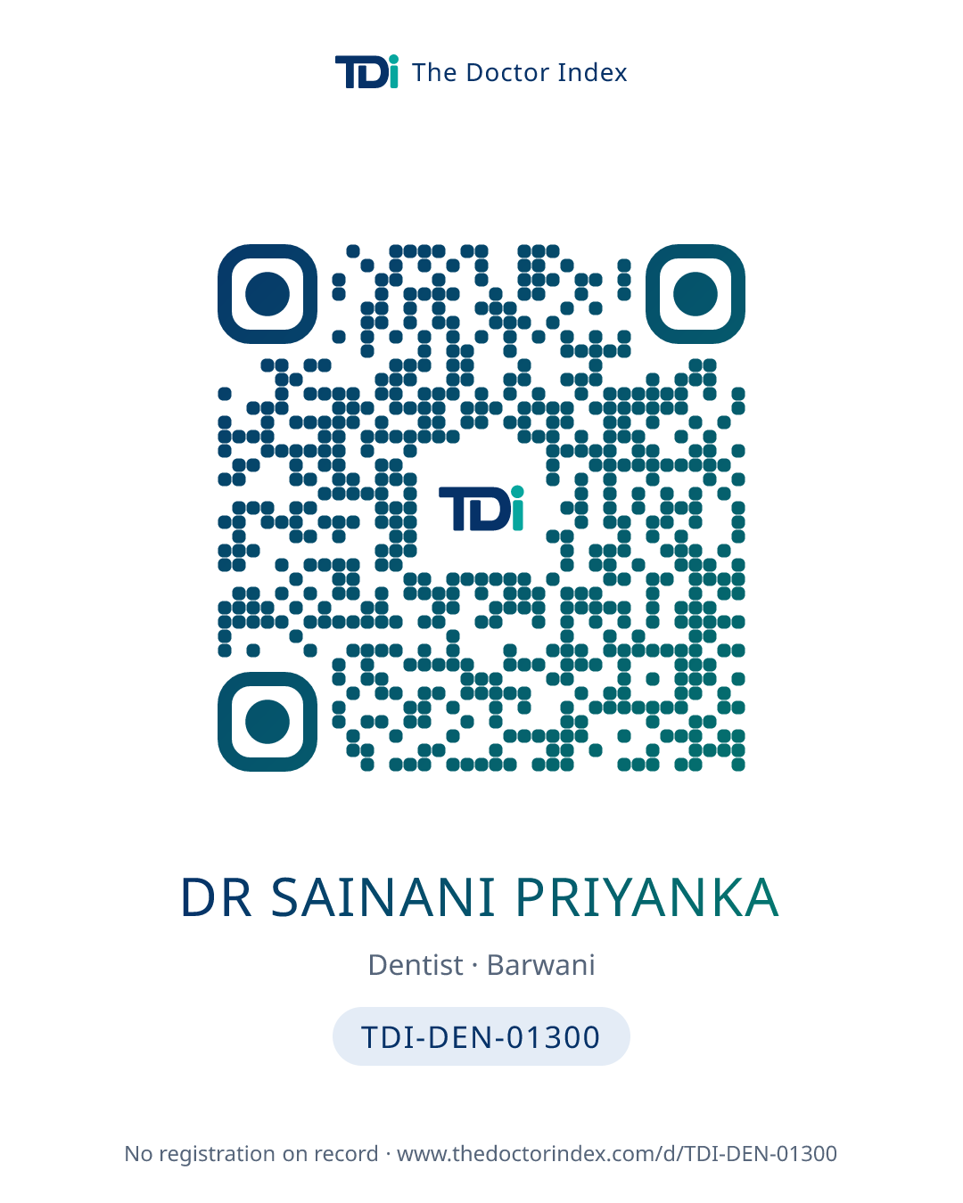 QR card for Dr Sainani Priyanka, TDI-DEN-01300