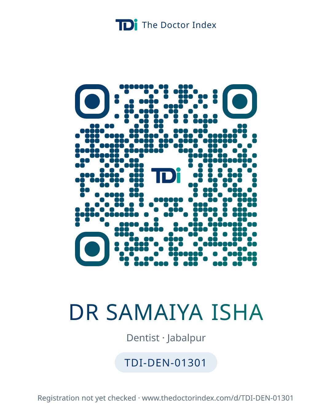 QR card for Dr Samaiya Isha, TDI-DEN-01301
