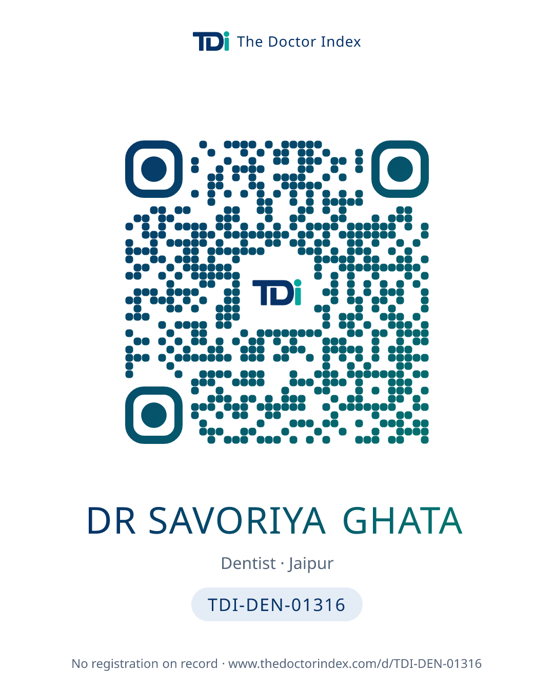 QR card for Dr Savoriya Ghata, TDI-DEN-01316