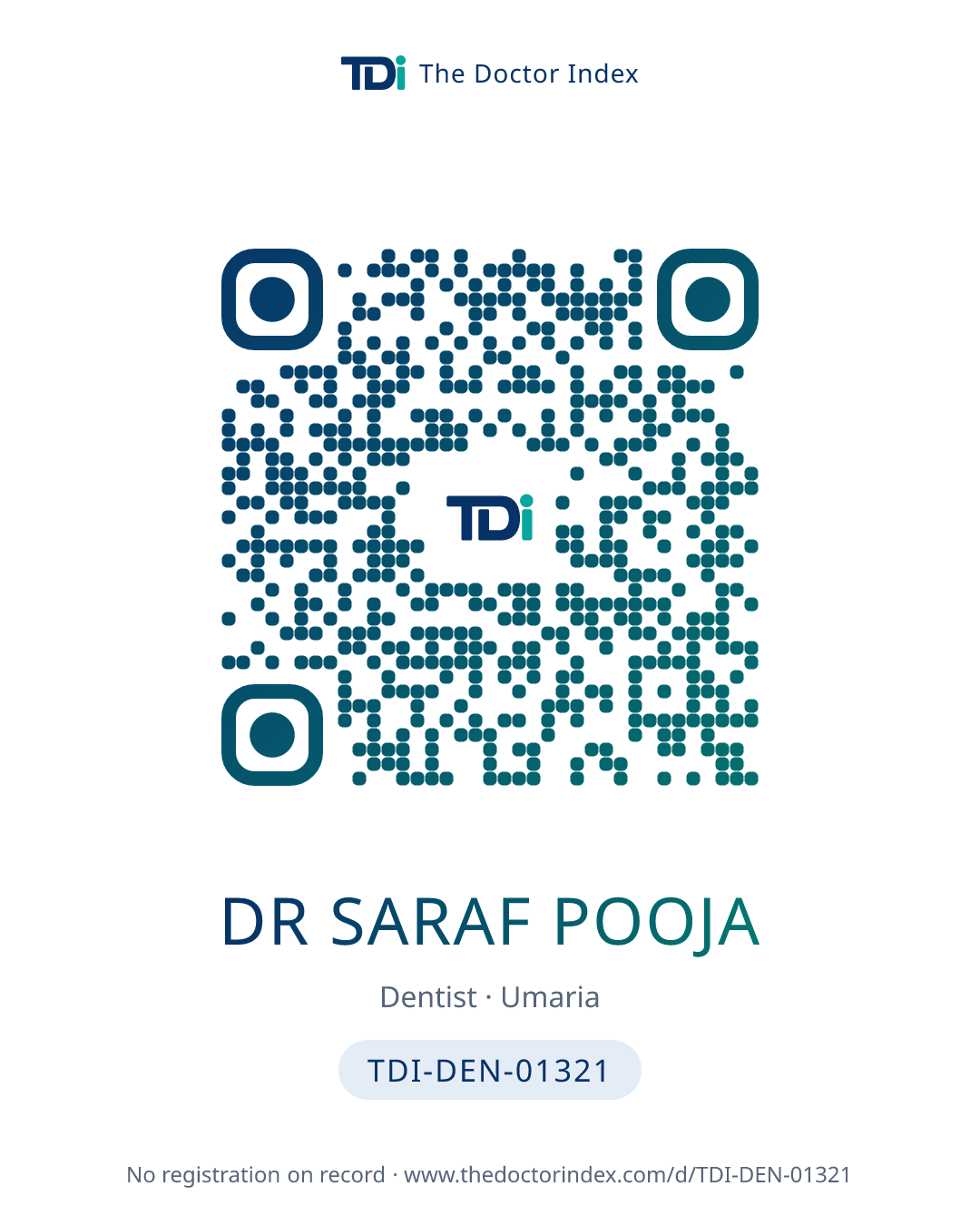 QR card for Dr Saraf Pooja, TDI-DEN-01321