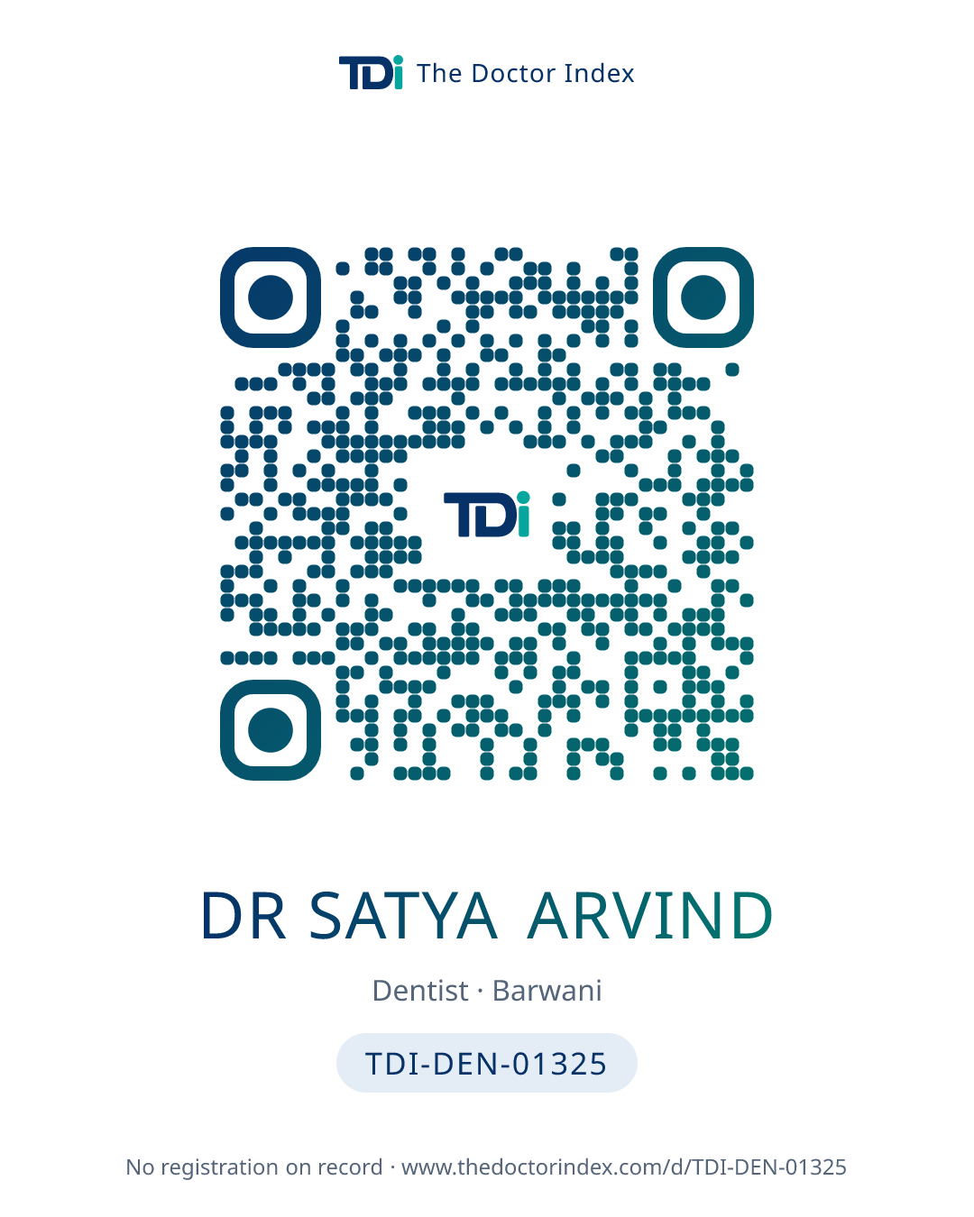 QR card for Dr Satya Arvind, TDI-DEN-01325