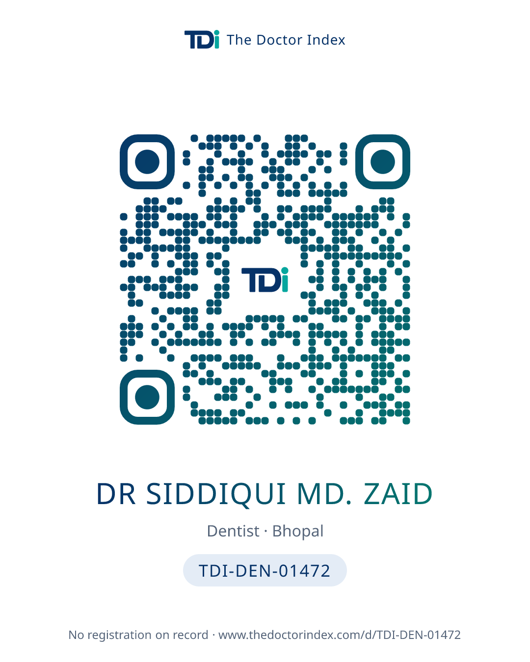 QR card for Dr Siddiqui MD. Zaid, TDI-DEN-01472