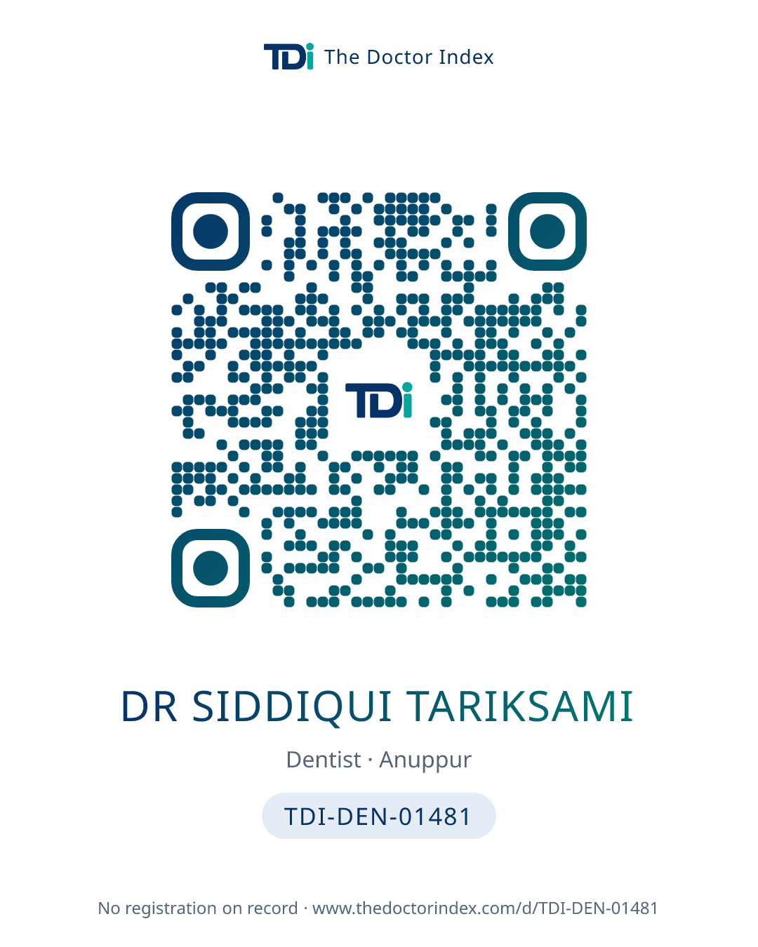 QR card for Dr Siddiqui Tariksami, TDI-DEN-01481