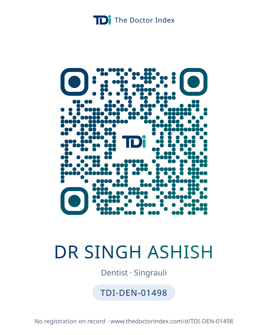 QR card for Dr Singh Ashish, TDI-DEN-01498
