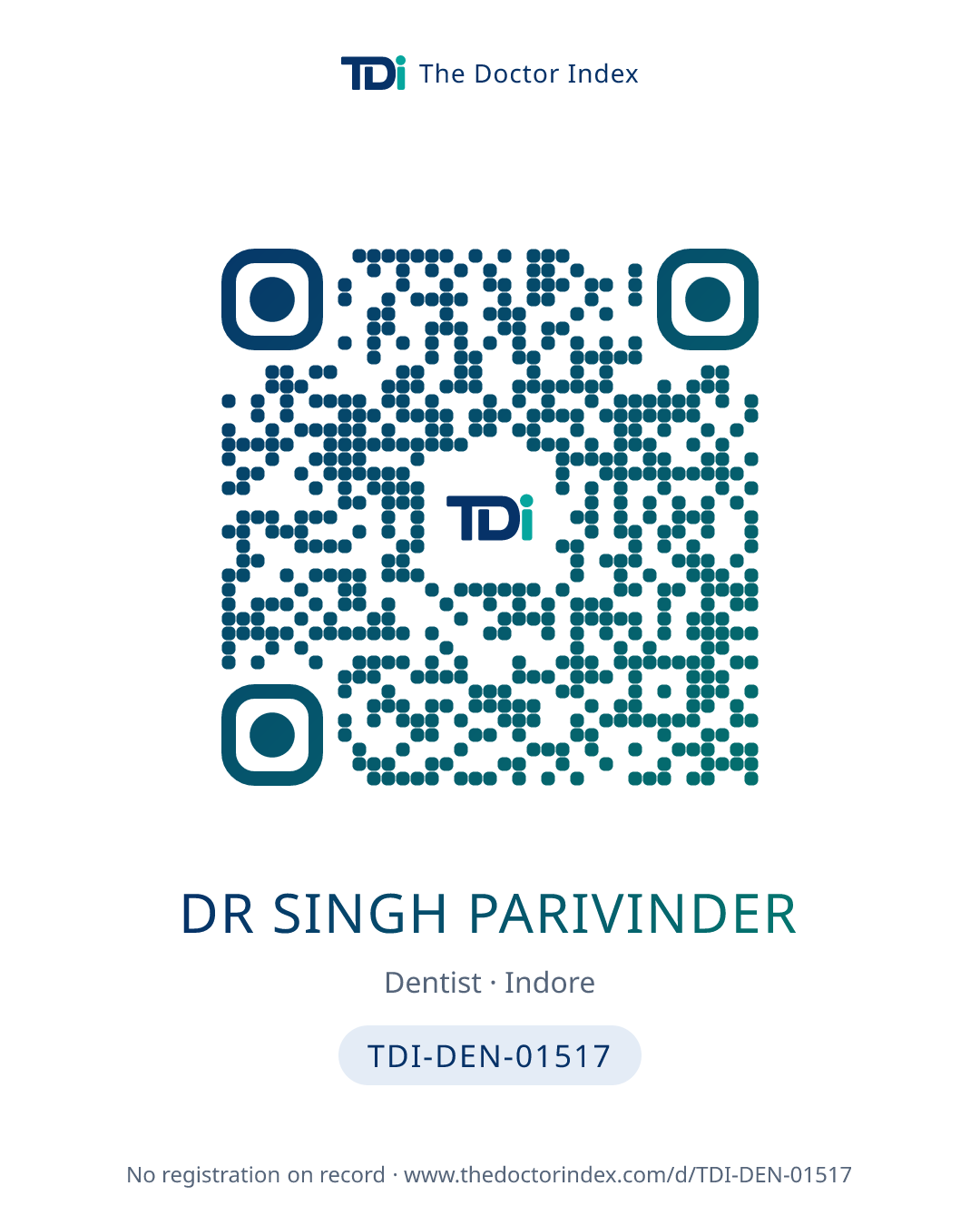 QR card for Dr Singh Parivinder, TDI-DEN-01517