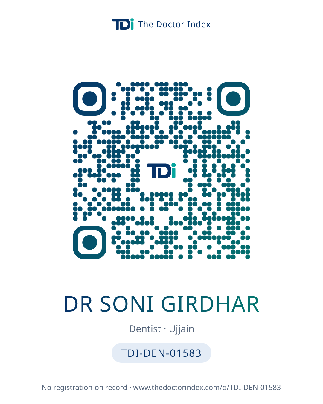 QR card for Dr Soni Girdhar, TDI-DEN-01583