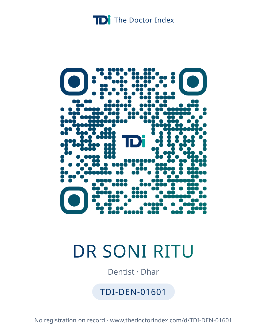 QR card for Dr Soni Ritu, TDI-DEN-01601