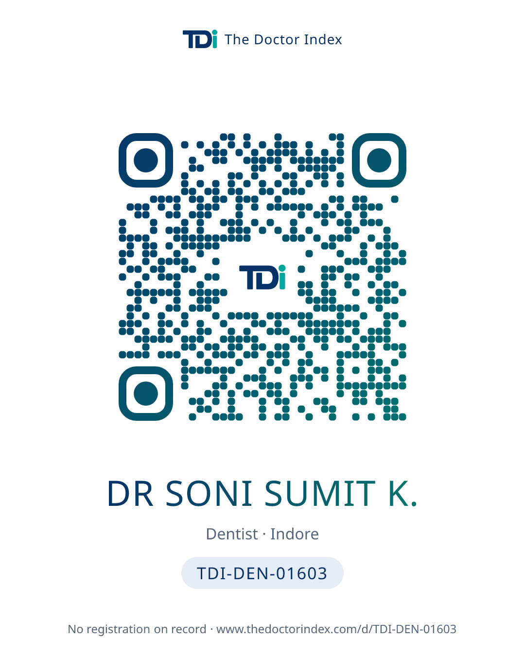 QR card for Dr Soni Sumit K., TDI-DEN-01603