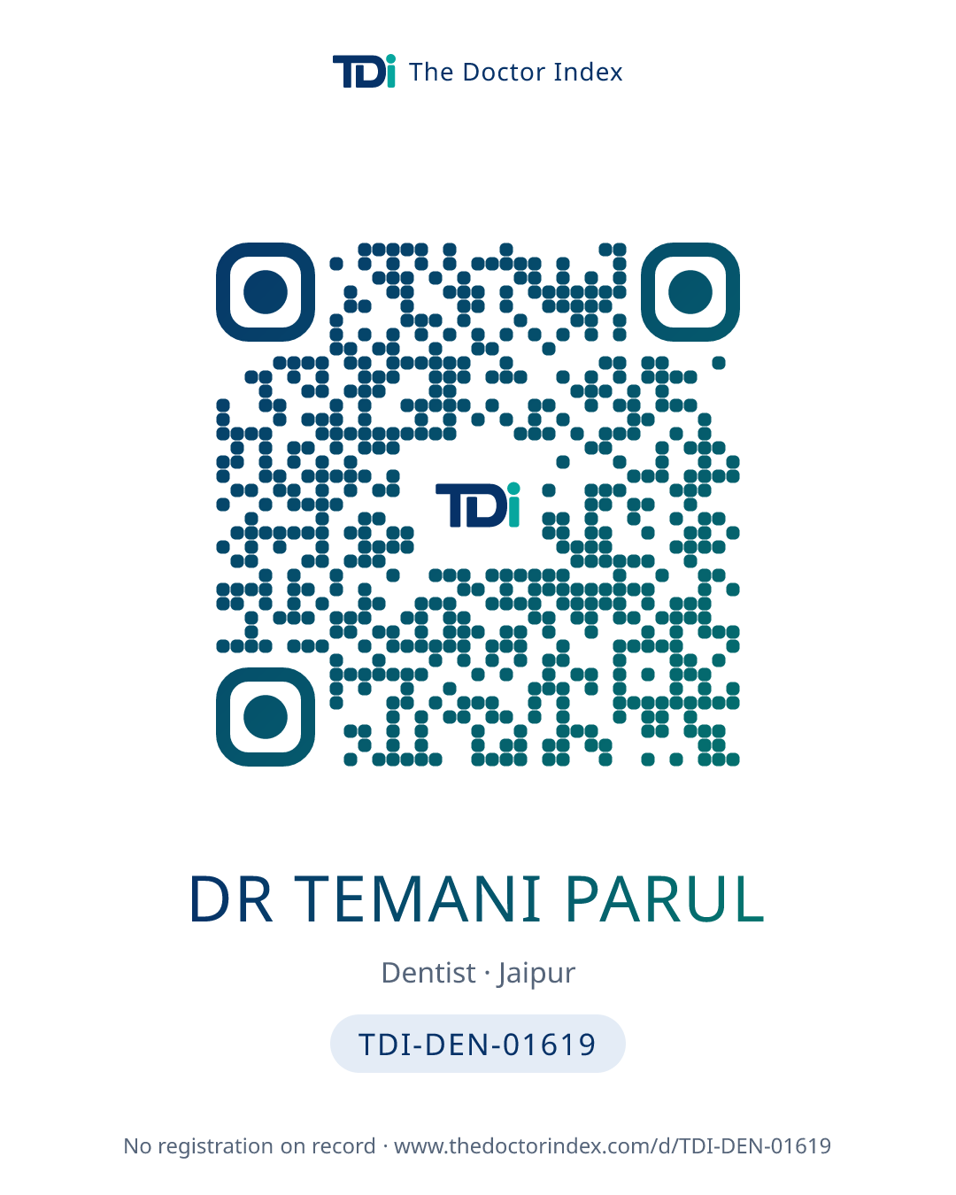 QR card for Dr Temani Parul, TDI-DEN-01619