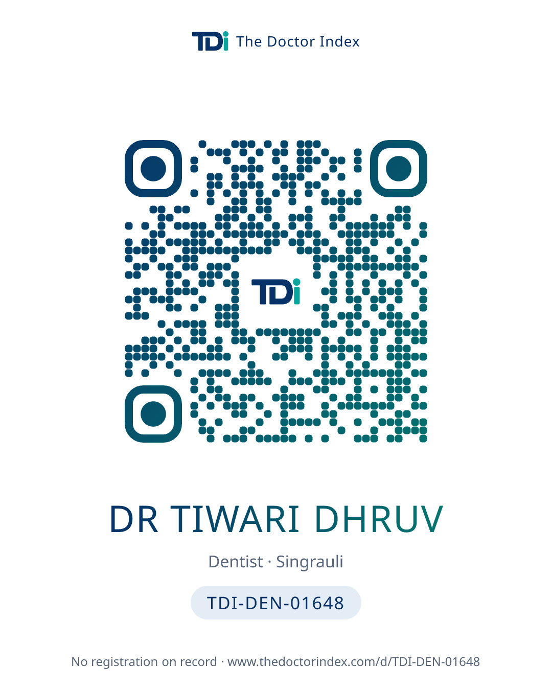 QR card for Dr Tiwari Dhruv, TDI-DEN-01648