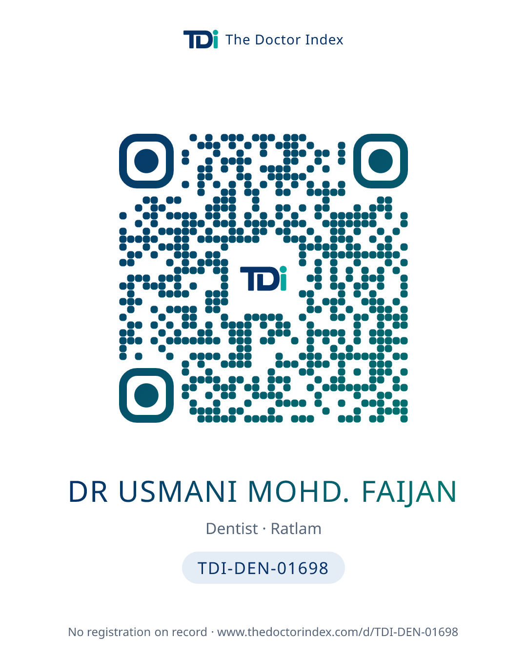 QR card for Dr Usmani Mohd. Faijan, TDI-DEN-01698