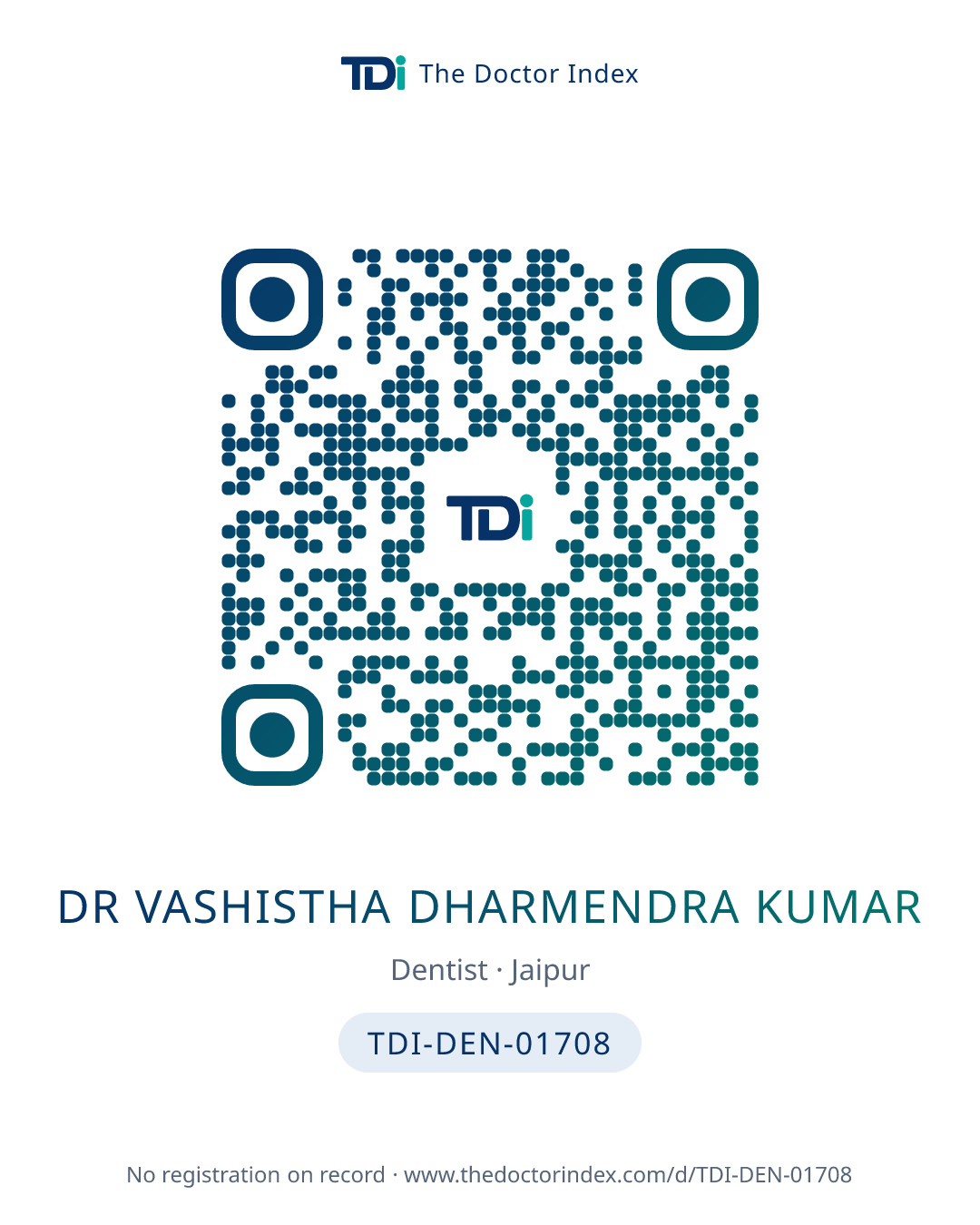 QR card for Dr Vashistha Dharmendra Kumar, TDI-DEN-01708