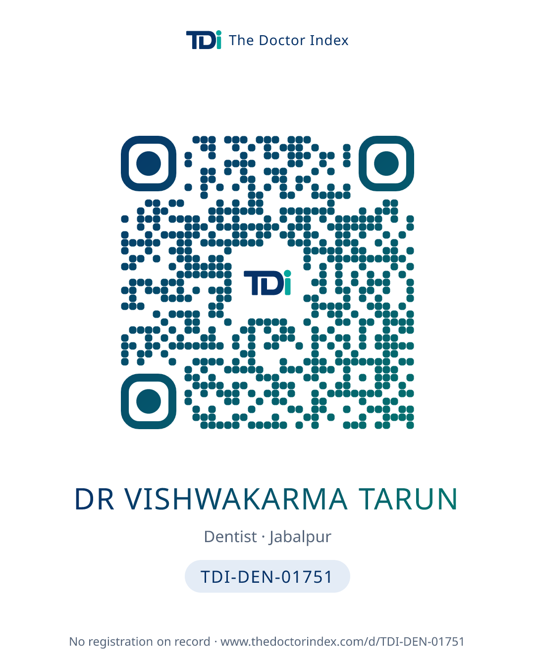 QR card for Dr Vishwakarma Tarun, TDI-DEN-01751