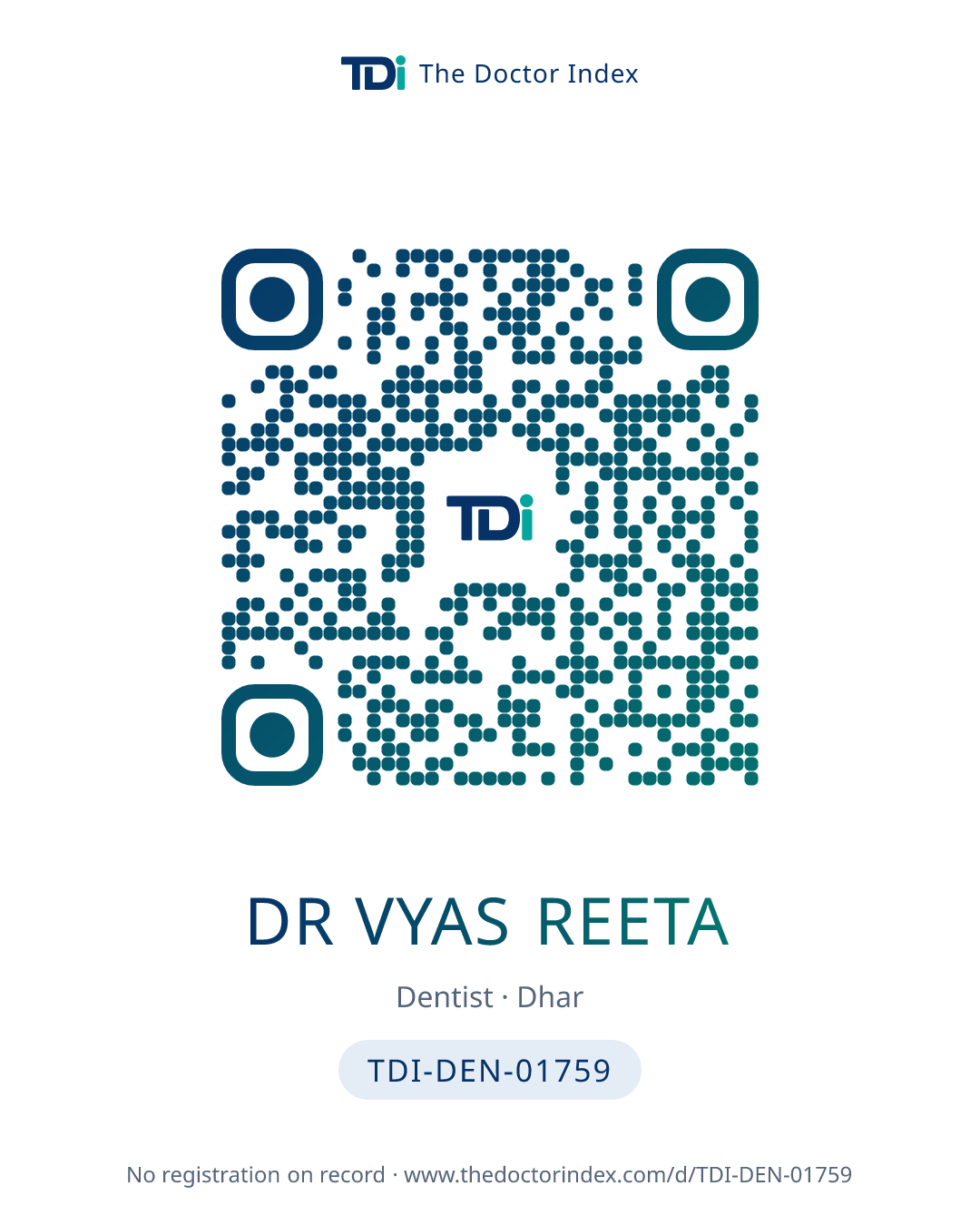 QR card for Dr Vyas Reeta, TDI-DEN-01759