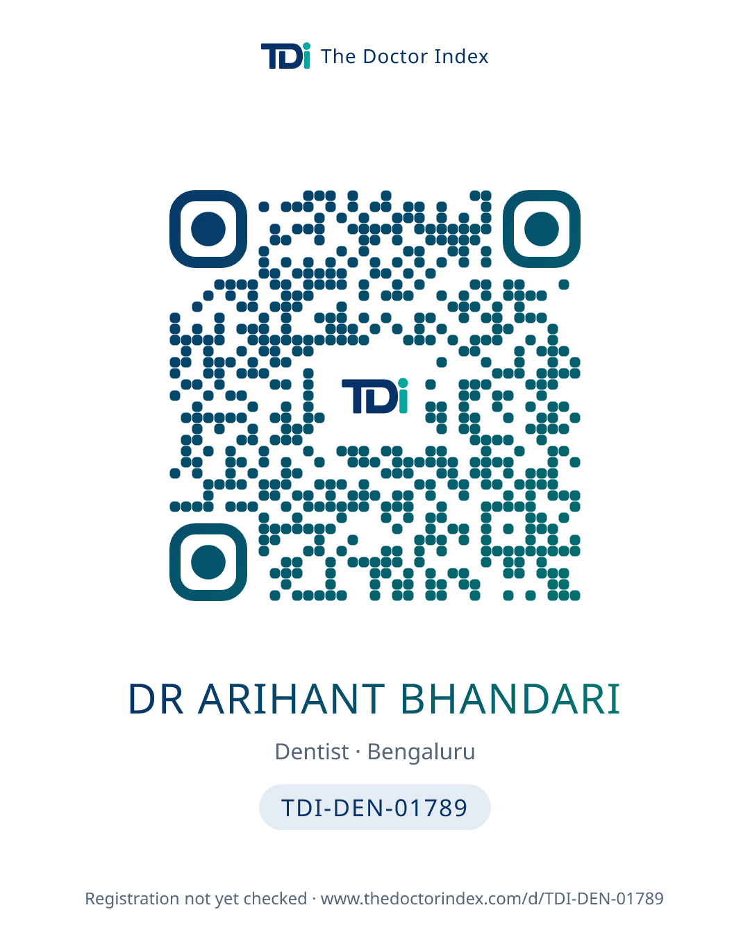 QR card for Dr Arihant Bhandari, TDI-DEN-01789