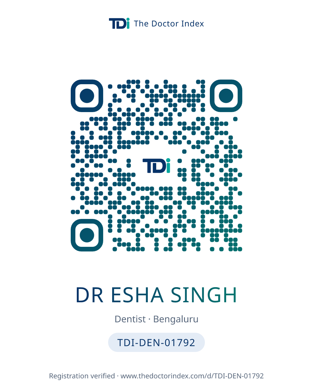 QR card for Dr Esha Singh, TDI-DEN-01792