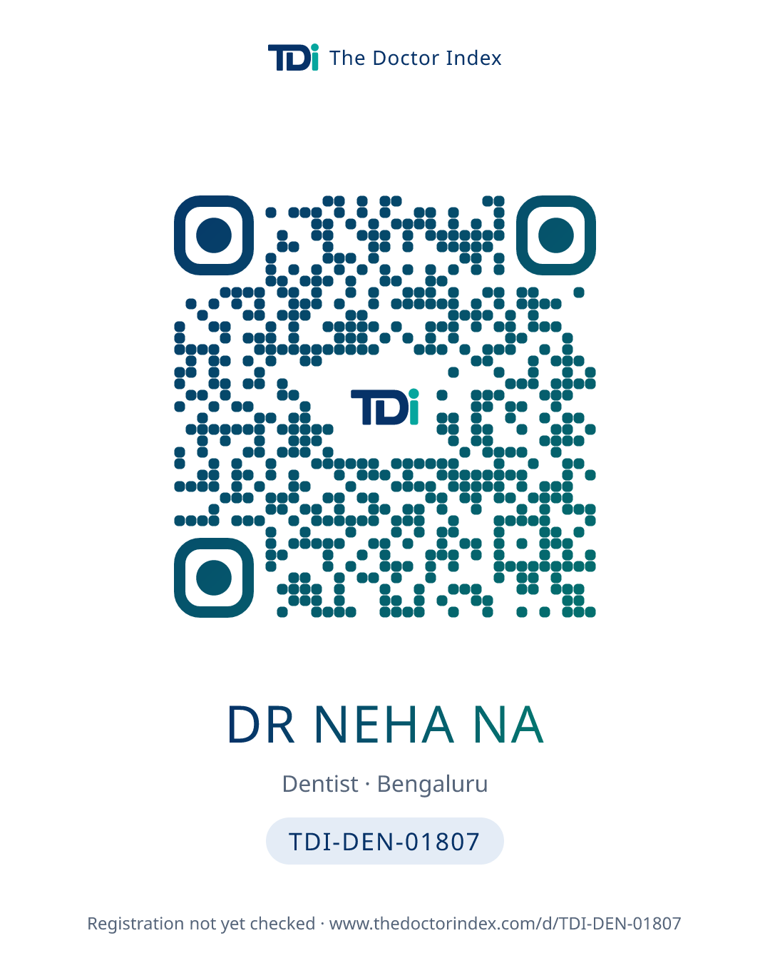 QR card for Dr Neha Na, TDI-DEN-01807