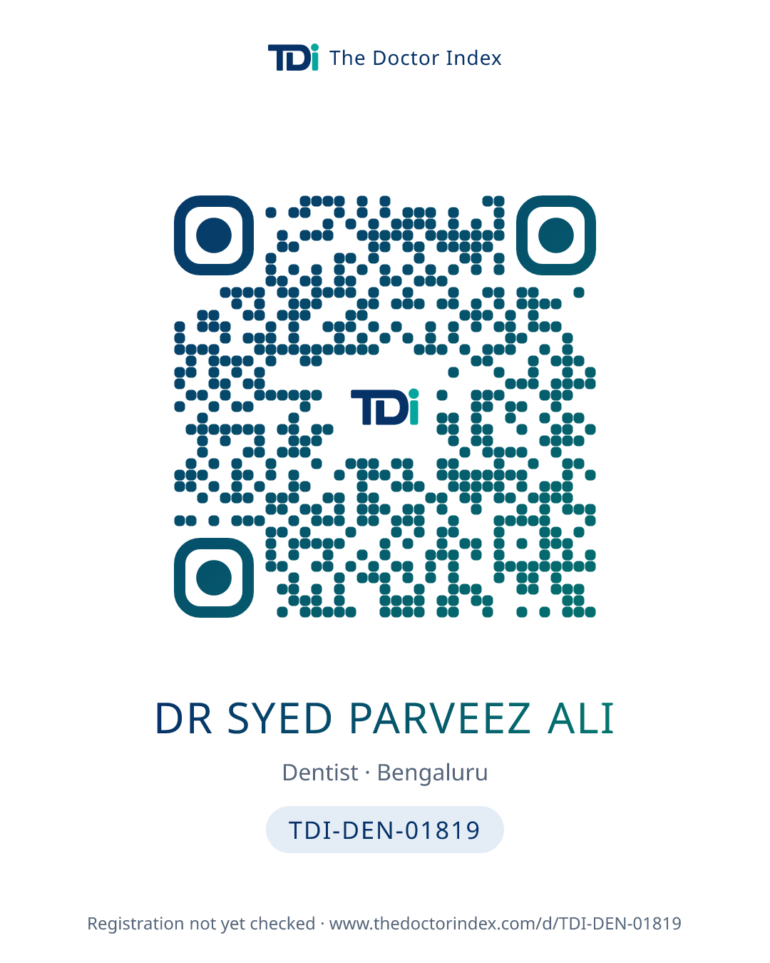 QR card for Dr Syed Parveez Ali, TDI-DEN-01819