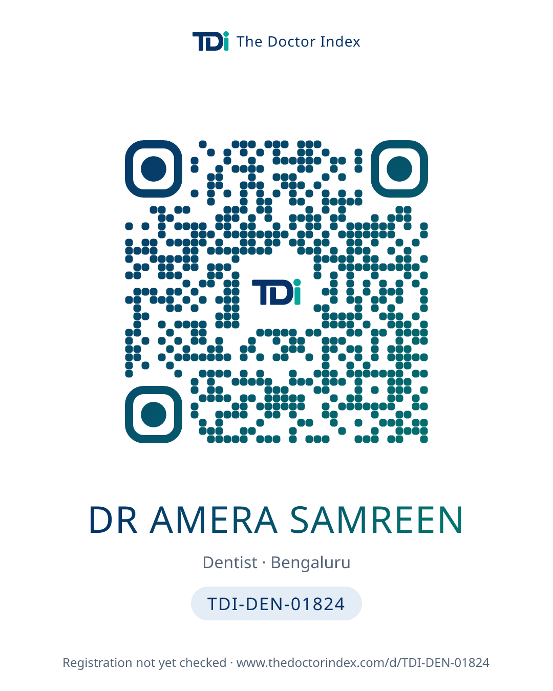 QR card for Dr Amera Samreen, TDI-DEN-01824