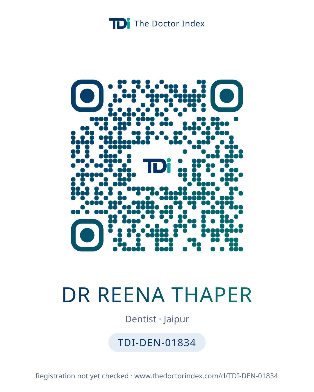 QR card for Dr Reena Thaper, TDI-DEN-01834