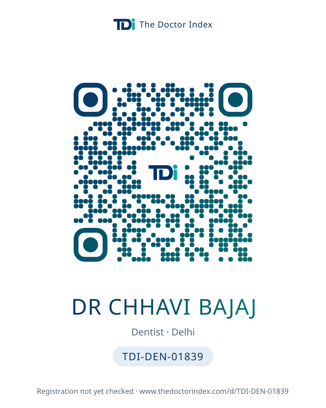 QR card for Dr Chhavi Bajaj, TDI-DEN-01839