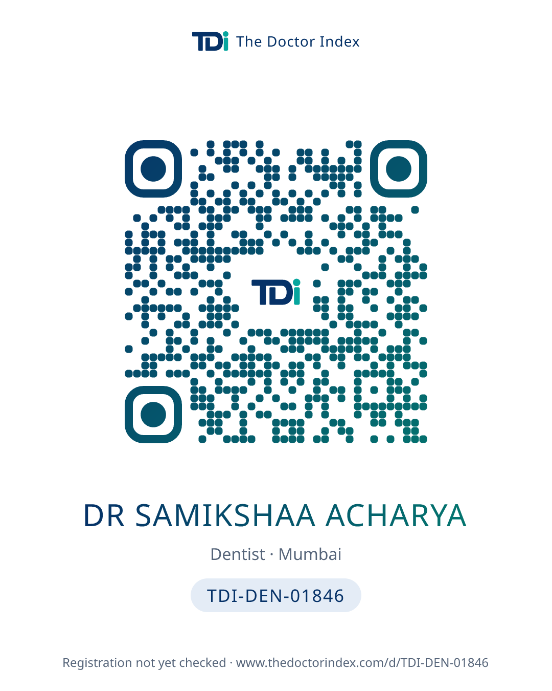 QR card for Dr Samikshaa Acharya, TDI-DEN-01846