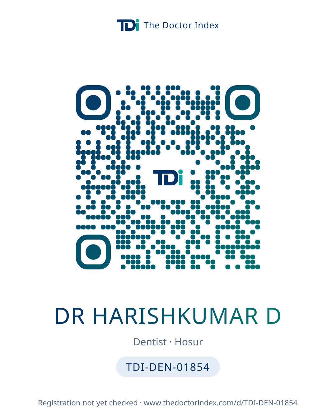 QR card for Dr Harishkumar D, TDI-DEN-01854