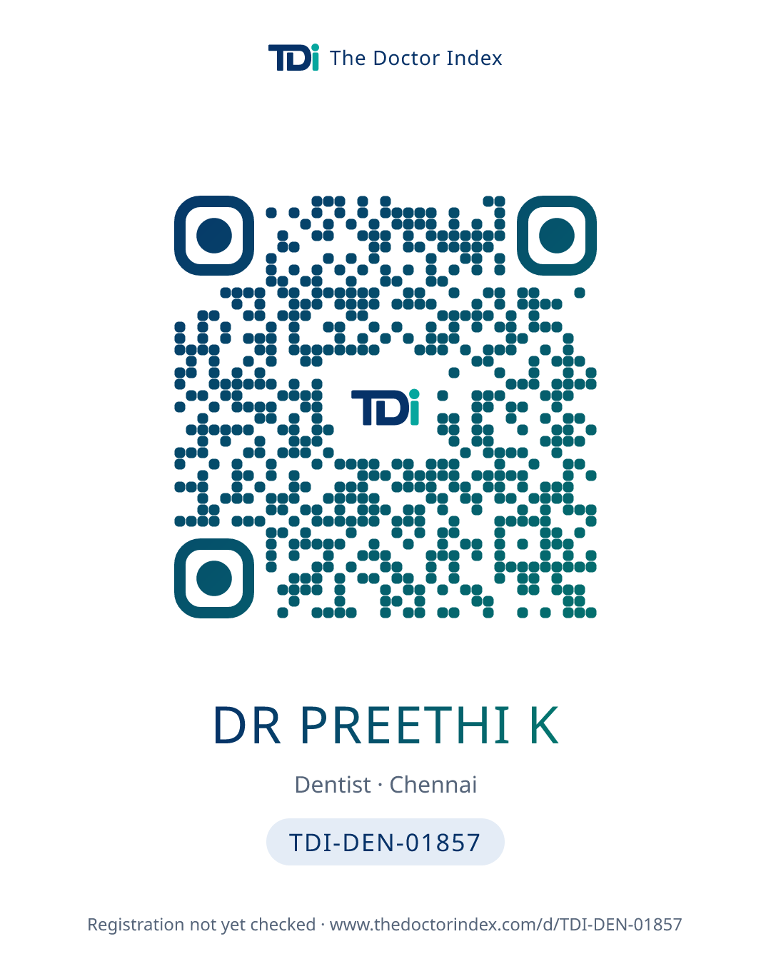 QR card for Dr Preethi K, TDI-DEN-01857