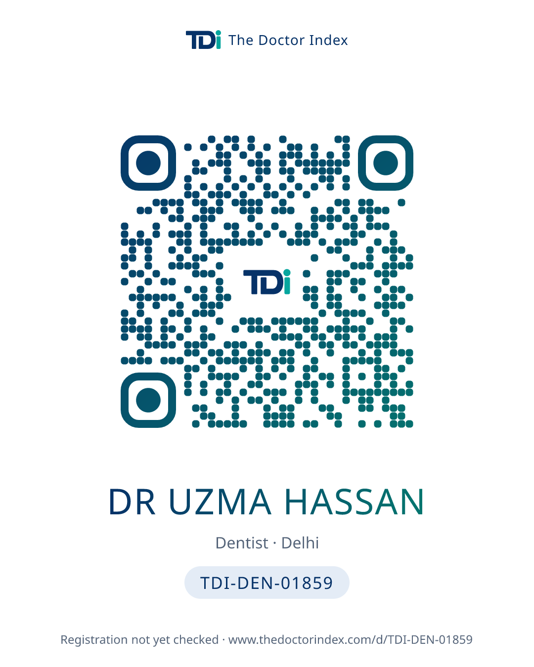 QR card for Dr Uzma Hassan, TDI-DEN-01859