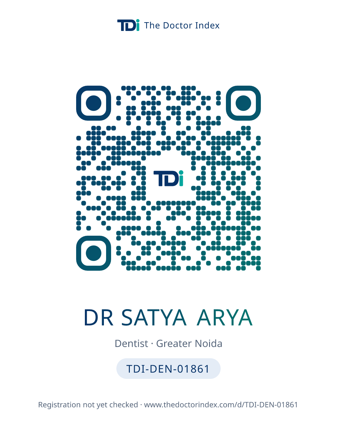 QR card for Dr Satya Arya, TDI-DEN-01861