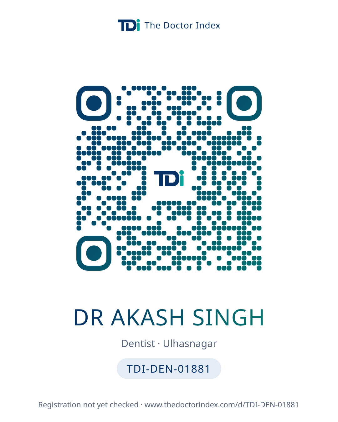 QR card for Dr Akash Singh, TDI-DEN-01881