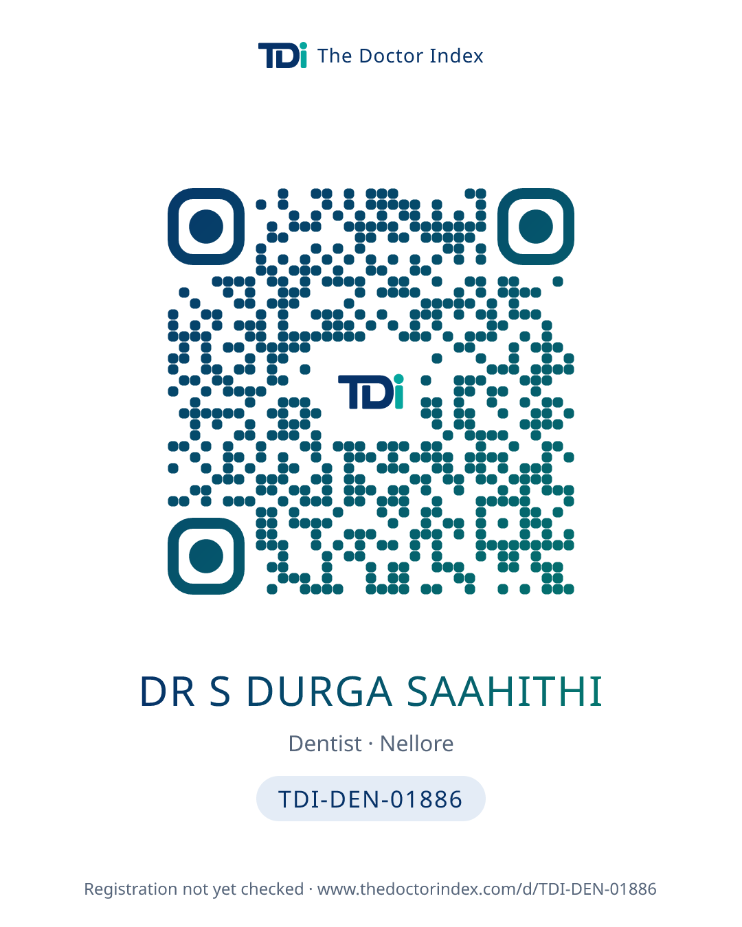 QR card for Dr S Durga Saahithi, TDI-DEN-01886