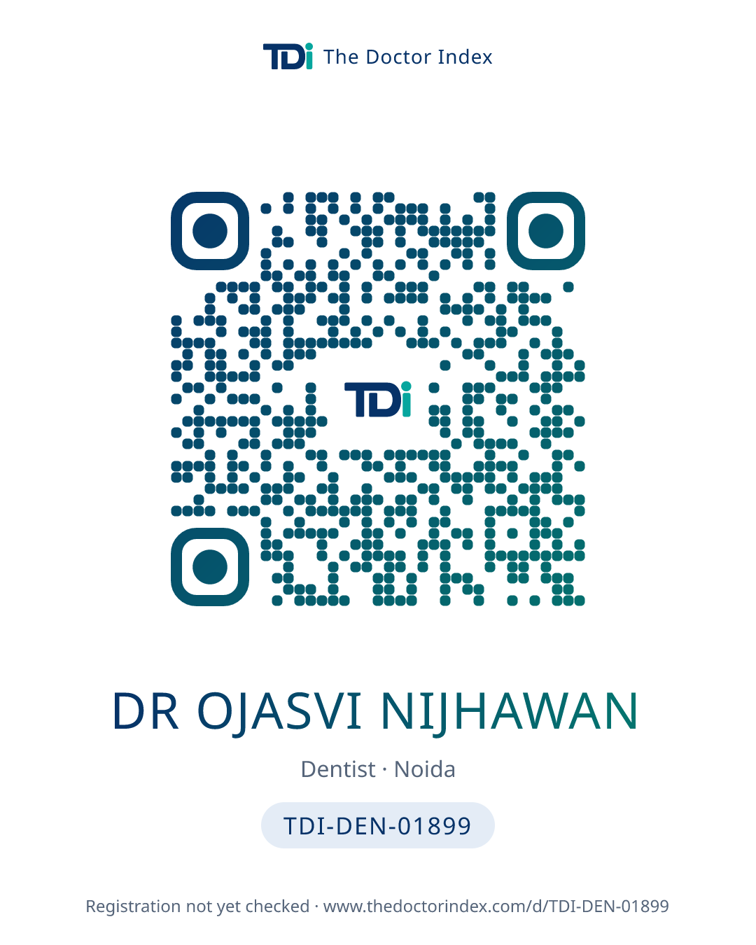 QR card for Dr Ojasvi Nijhawan, TDI-DEN-01899