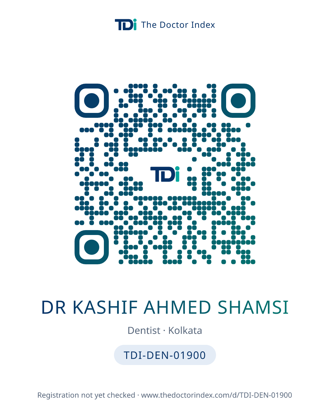 QR card for Dr Kashif Ahmed Shamsi, TDI-DEN-01900