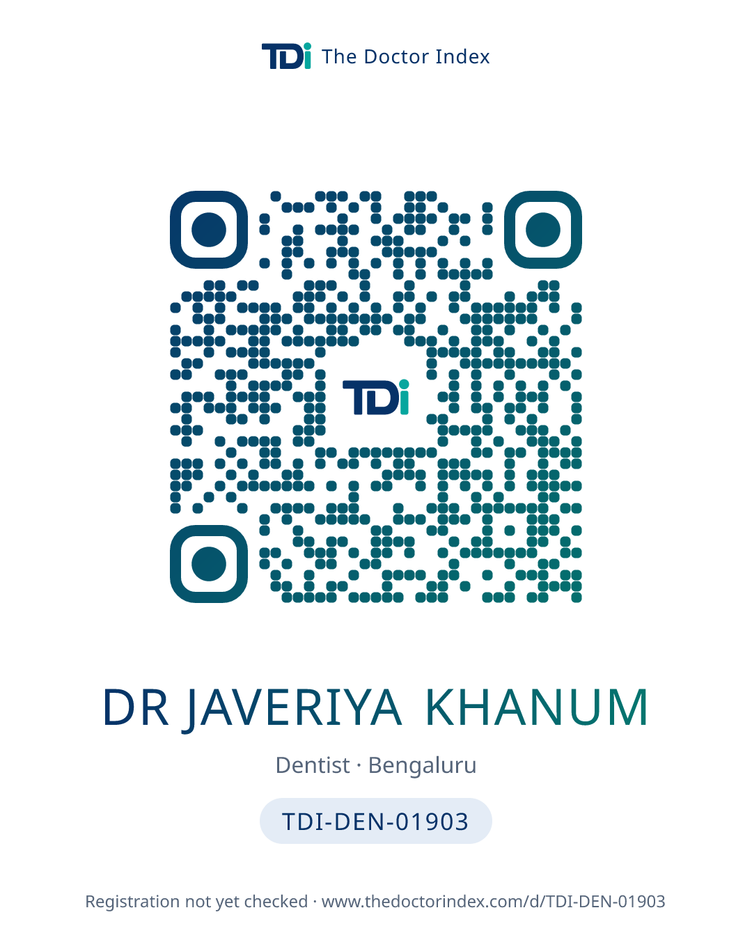 QR card for Dr Javeriya Khanum, TDI-DEN-01903