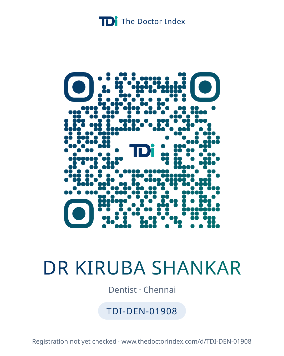 QR card for Dr Kiruba Shankar, TDI-DEN-01908