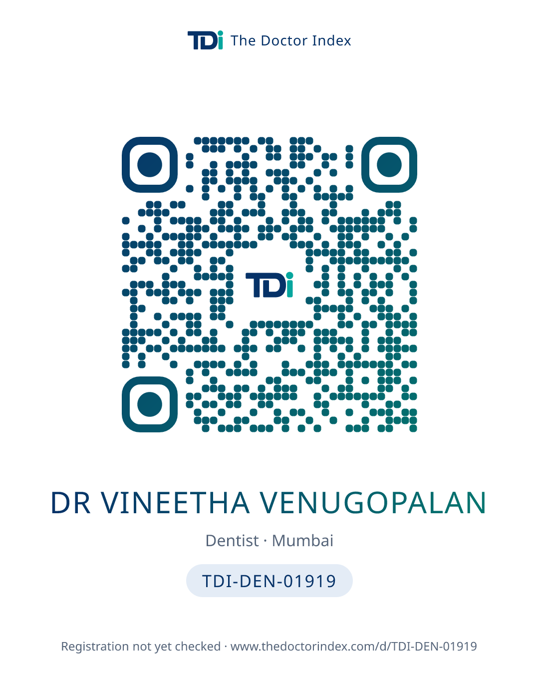 QR card for Dr Vineetha Venugopalan, TDI-DEN-01919