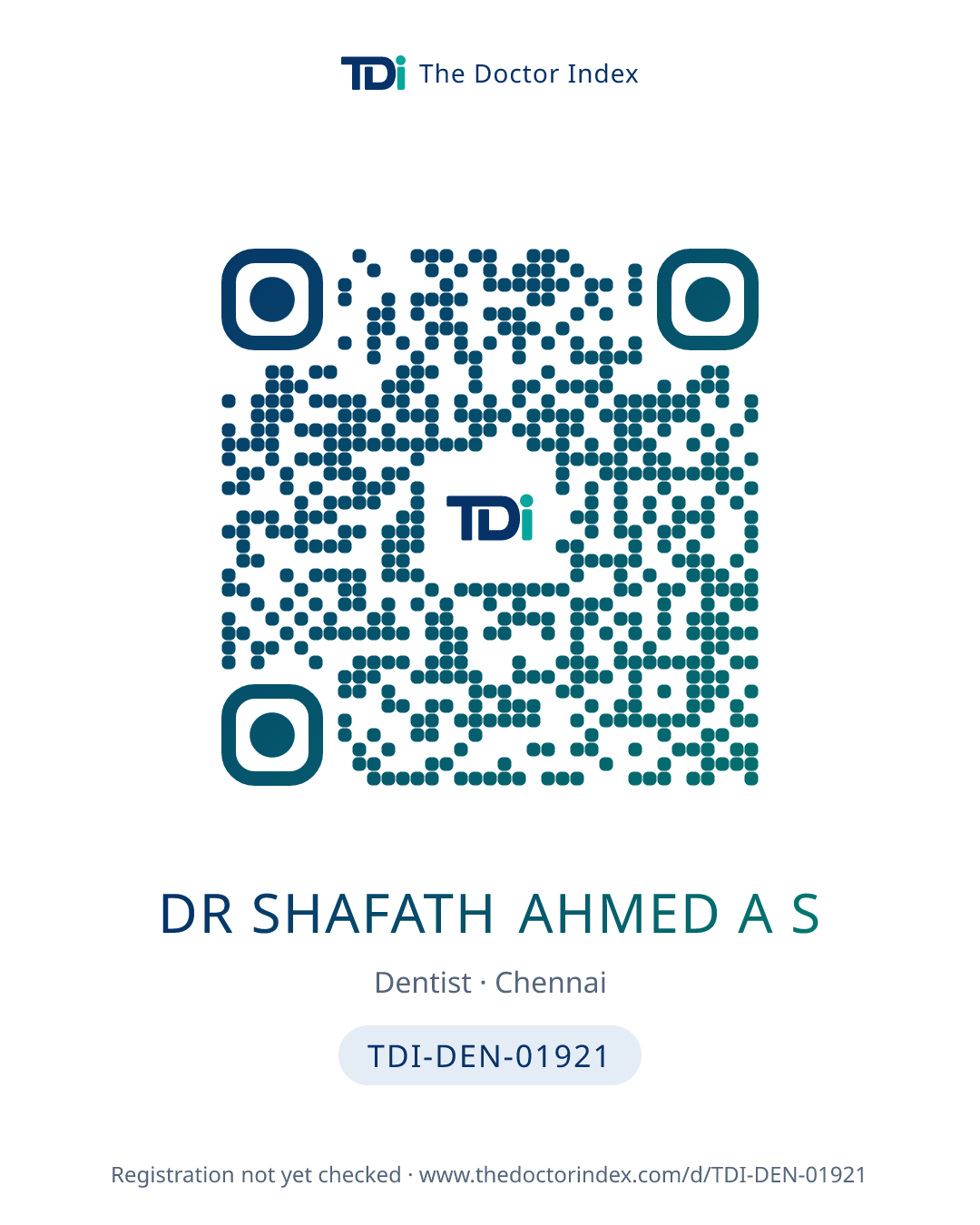 QR card for Dr Shafath Ahmed A S, TDI-DEN-01921