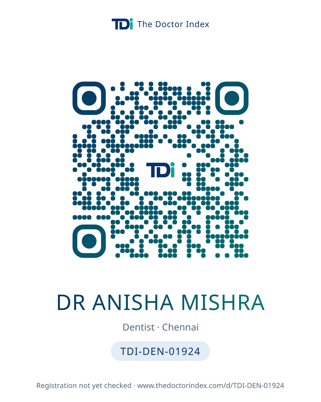 QR card for Dr Anisha Mishra, TDI-DEN-01924