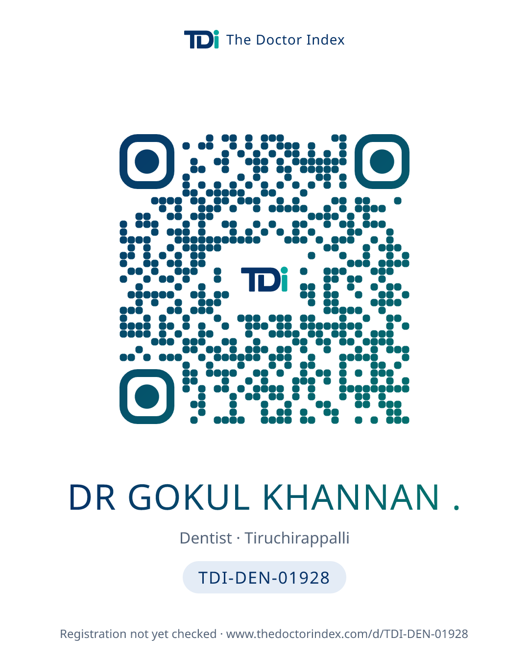 QR card for Dr Gokul Khannan ., TDI-DEN-01928