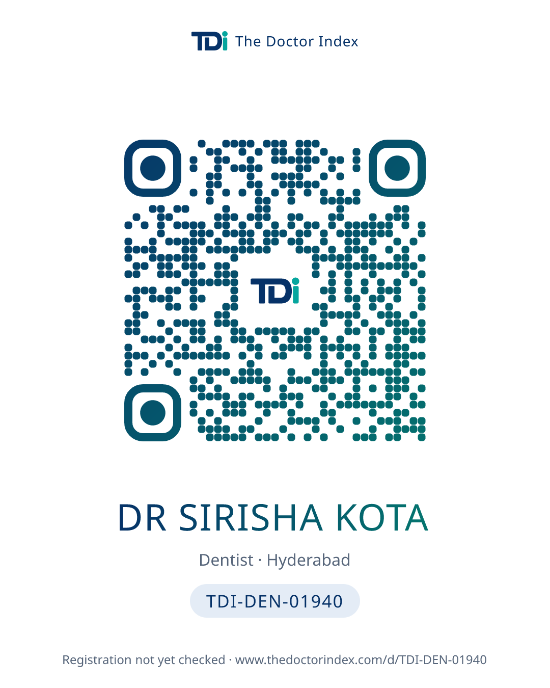 QR card for Dr Sirisha Kota, TDI-DEN-01940