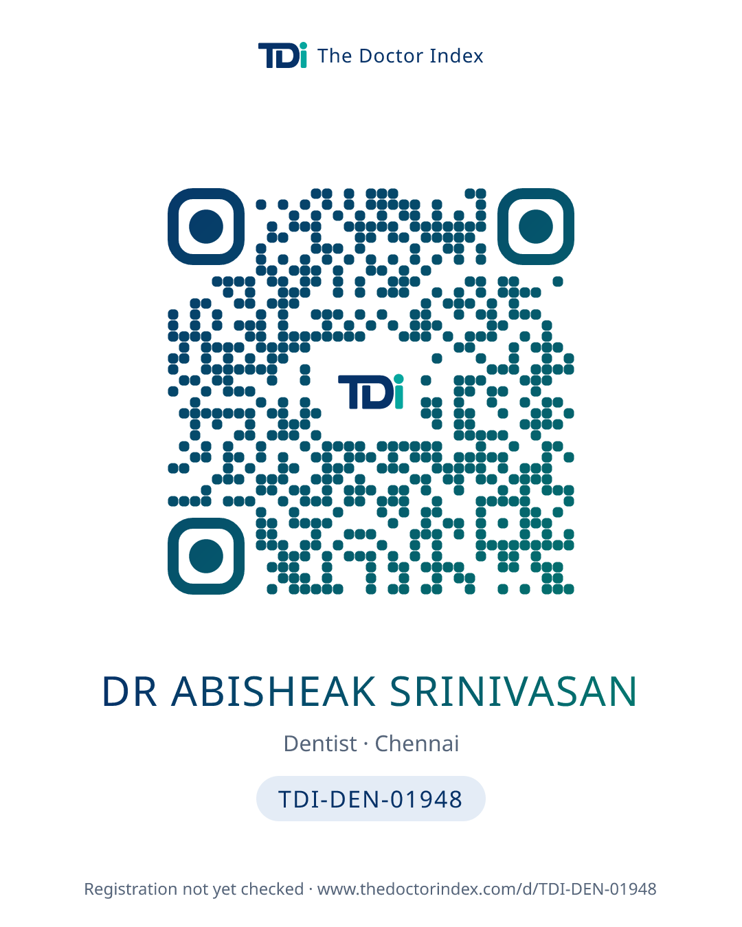 QR card for Dr Abisheak Srinivasan, TDI-DEN-01948