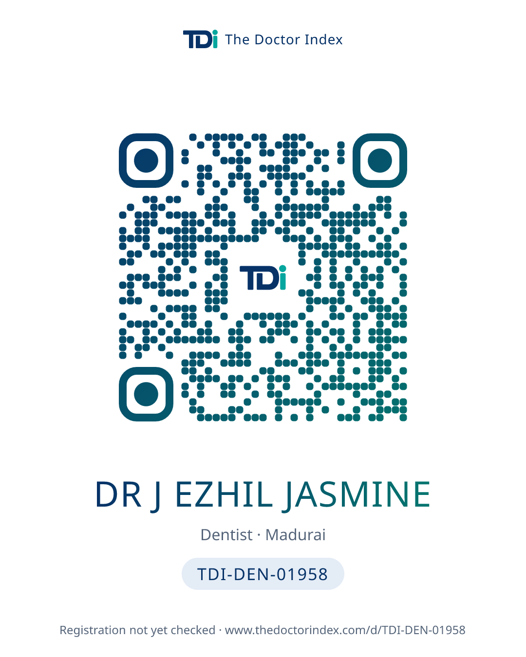 QR card for Dr J Ezhil Jasmine, TDI-DEN-01958