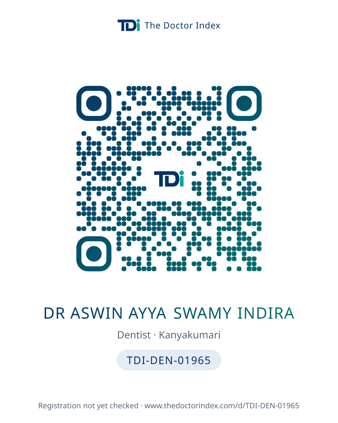 QR card for Dr Aswin Ayya Swamy Indira, TDI-DEN-01965