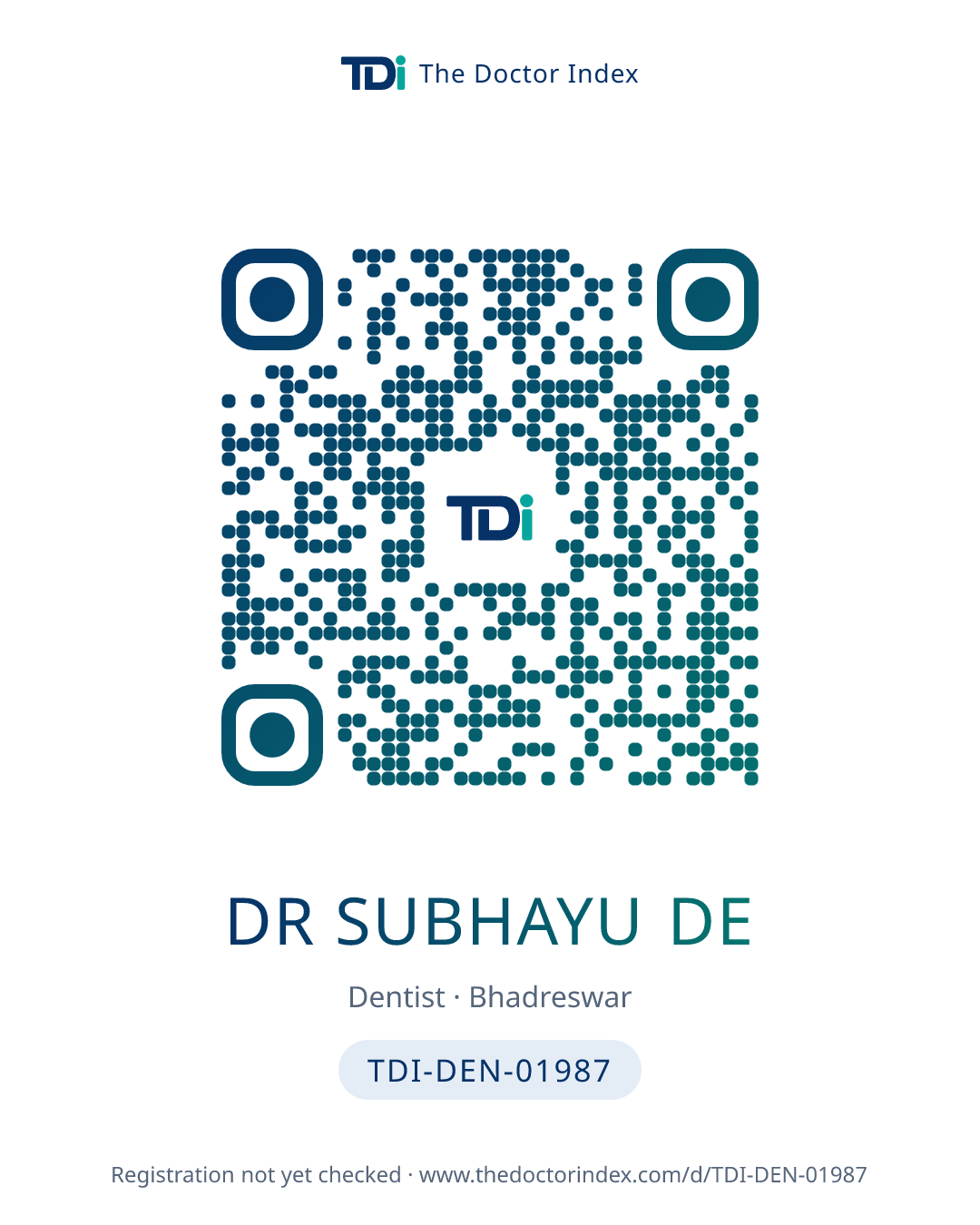 QR card for Dr Subhayu De, TDI-DEN-01987