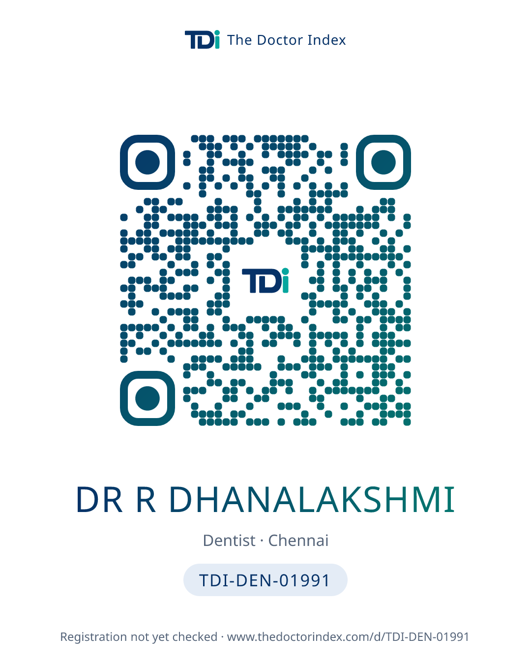QR card for Dr R Dhanalakshmi, TDI-DEN-01991