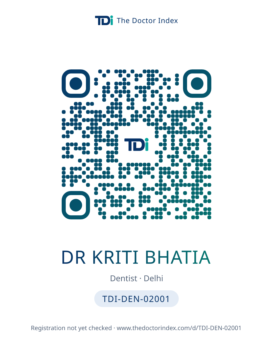 QR card for Dr Kriti Bhatia, TDI-DEN-02001