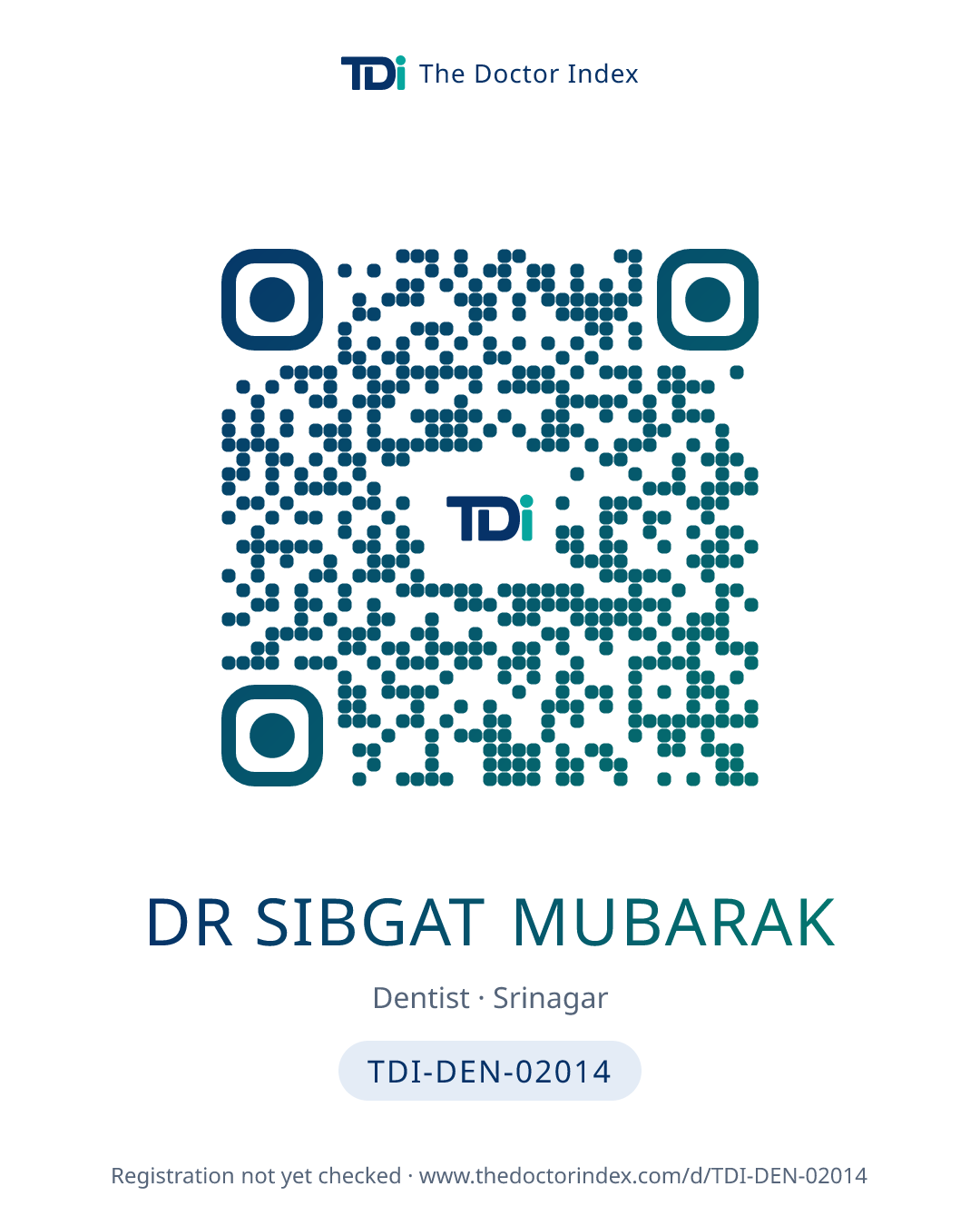 QR card for Dr Sibgat Mubarak, TDI-DEN-02014